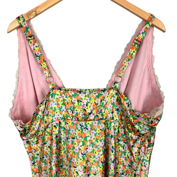 Wild Fable Green Satin Floral Plunge Midi Slip Dress Lace Trim Boho Y2K Size XL - Picture 11 of 14